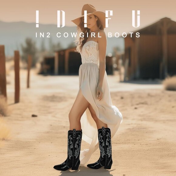 Women's Black Cowgirl Knee High Western Tall Boot Chunky Low Pointed Toe Booties - Picture 2 of 6